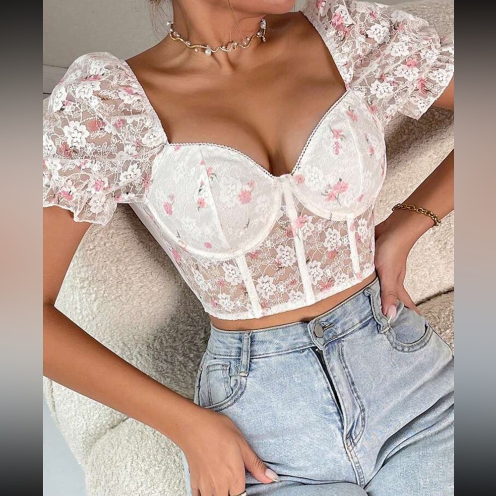 Lace Floral Puff-Sleeve Crop Top - White with Pink Accents